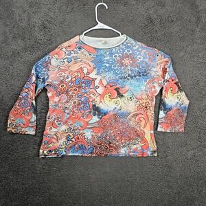 Jess & Jane Orion Mandala Rhinestone 3/4 Sleeve Cotton Top Womens Large USA Made